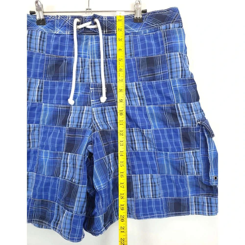 RoundTree & Yorke Cargo Board Shorts Blue Plaid Drawstring Mesh Lined Men XL